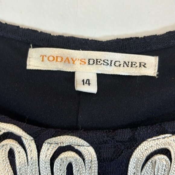 Navy Blue & White Tapework Lace Dress Size 14 - Picture 8 of 13